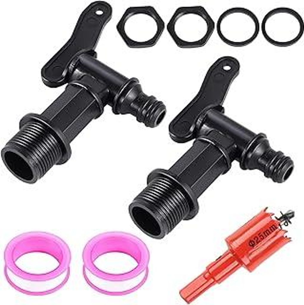 2 Stück Auslaufhahn für Regentonne Wasserhahn Auslaufhahn 3/4 Zoll Kunststoff Hahn für Regentonne mit 25 mm Lochöffner, Kunststoff-Fadenschnall...