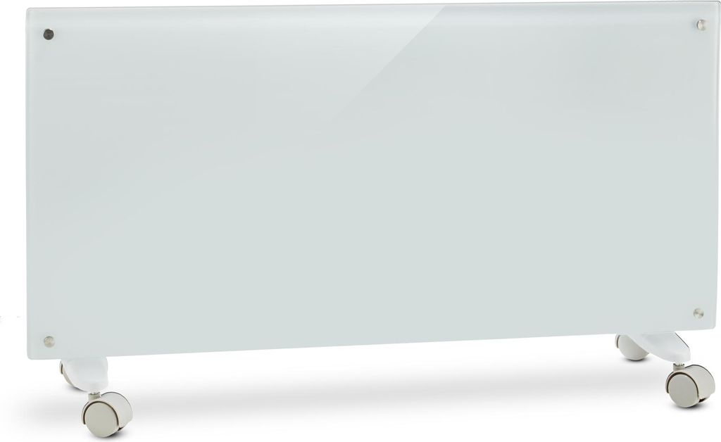 A white glass convection heater with wheels.