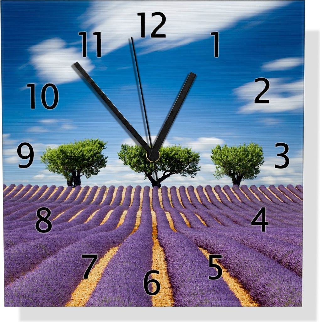 Wallario Design Wanduhr Abstraktes lila Blumenfeld mit Lavendel aus Aluverbund, Größe 30 x 30 cm