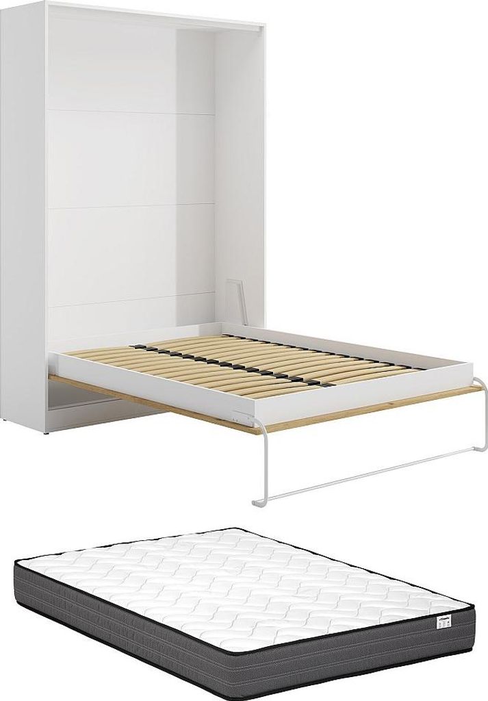 Schrankbett - 140 x 200 cm - Natur & Weiß - Vertikale manuelle Öffnung - Mit Matratze - BEGANIO