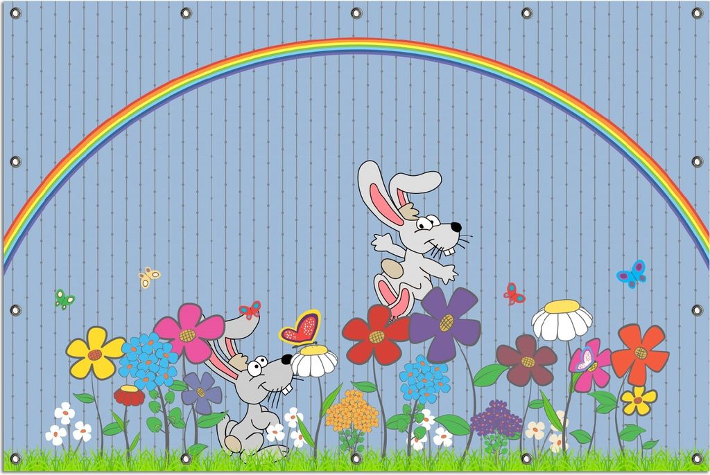 Wallario Outdoor-Poster für Garten oder Balkon, Motiv Süße Hasen unter einem Regenbogen, in ca. 120 x 180 cm