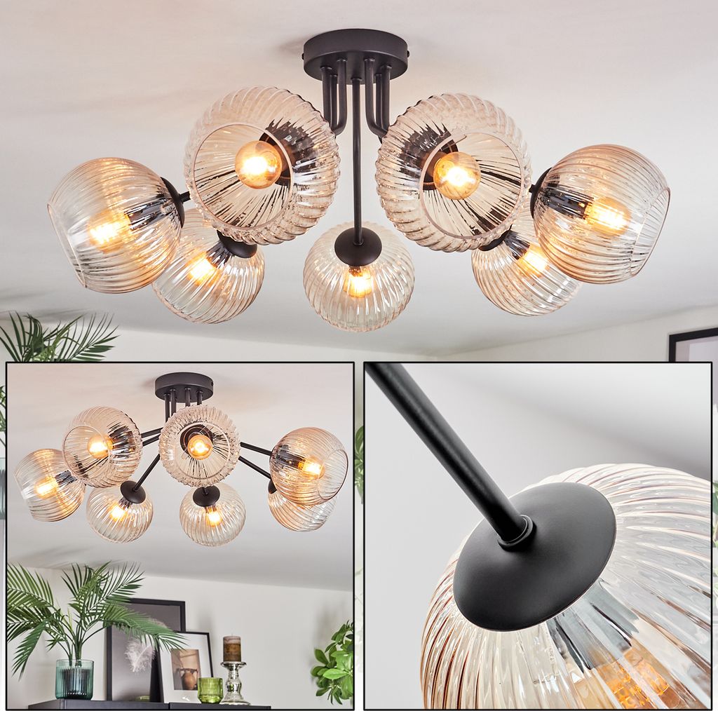 Cesaro Deckenlampe aus Metall/Riffelglas in Schwarz/Bernsteinfarben/Klar