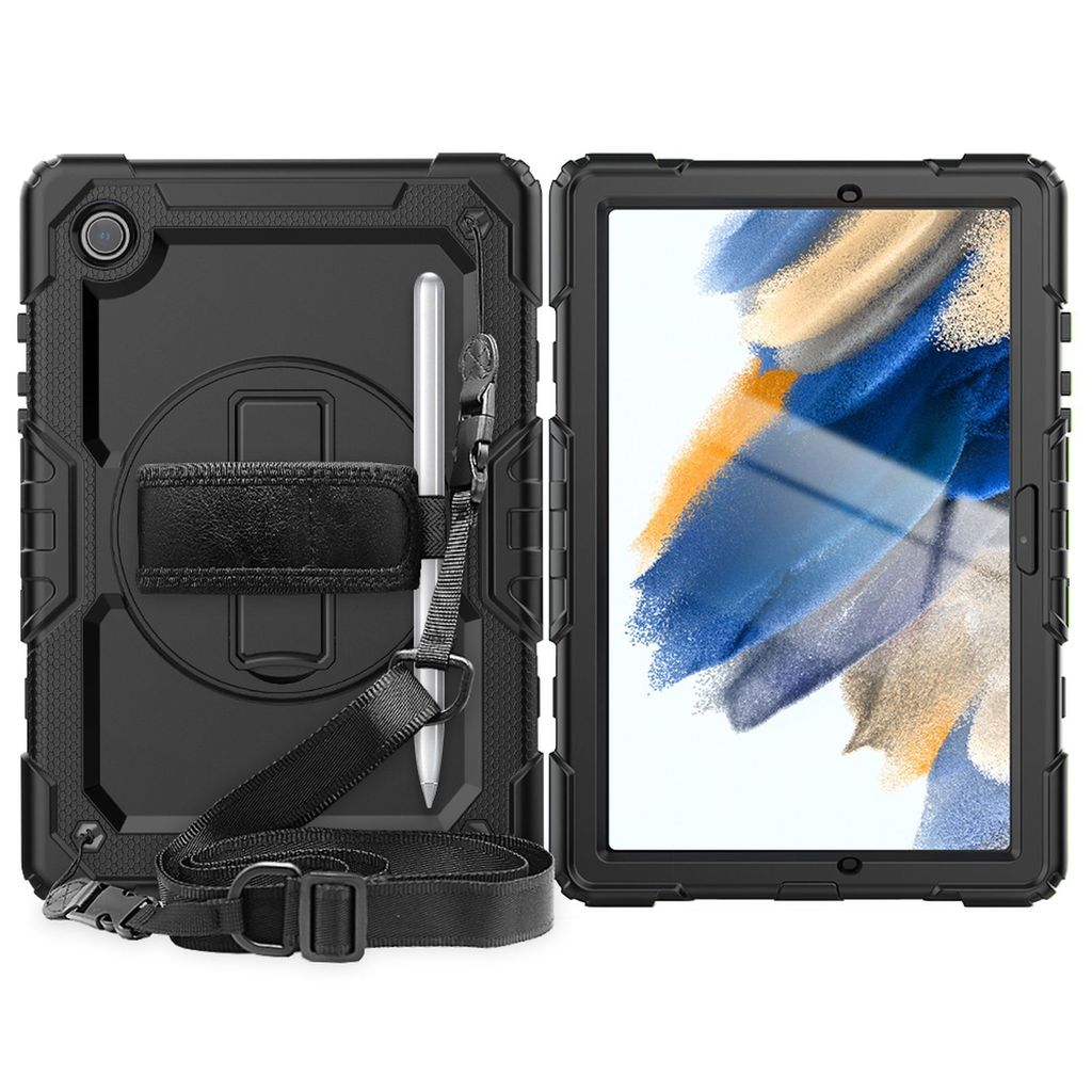 4in1 Hülle mit Trageschleife für Samsung Tab A8 X200 X206 10.5 Outdoor Cover Schutz + Ständer Schwarz