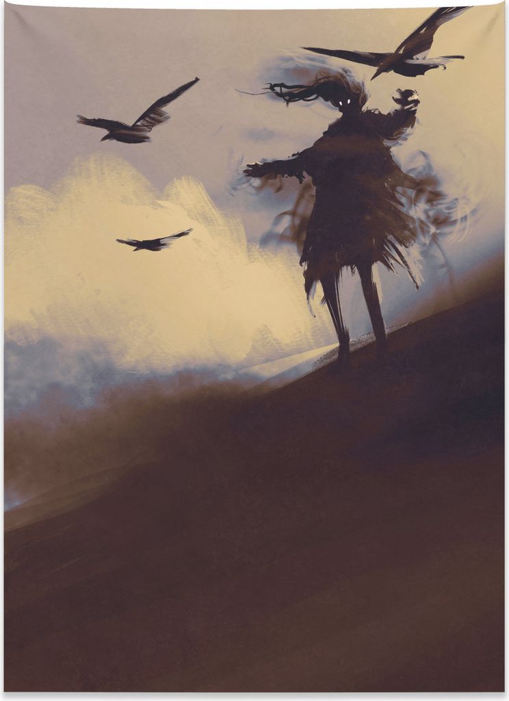 Abakuhaus Grusel Wandteppich, Dark Soul Crows auf Hügeln aus Weiches Mikrofaser Stoff Kein Verblassen Klare Farben Waschbar, 110 x 150 cm, Beige B...