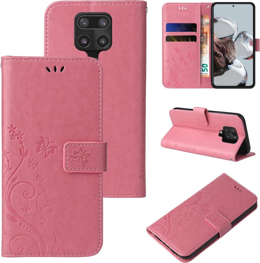 Handyhülle für Xiaomi Redmi Note 9 Pro Floral Blumen Schmetterling Flip Cover Hülle Case Klapphülle Handytasche Farbe: Rosegold