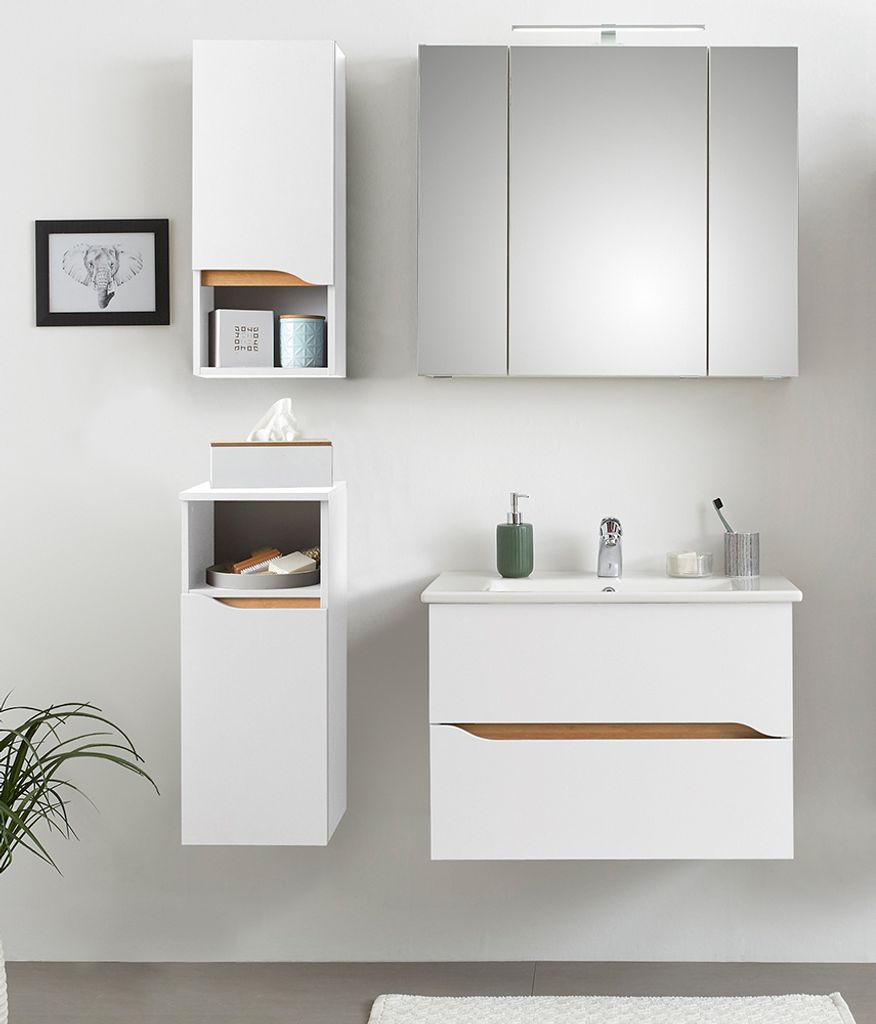 Bad Möbel Set mit Keramik Waschbecken QUEIMADOS-66 in Weiß Glanz mit Weiß Hochglanz, B/H/T ca. 110/200/45 cm