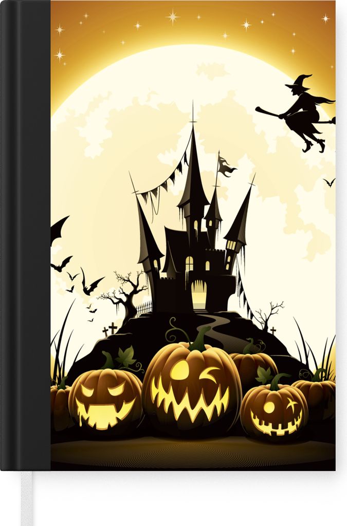 MuchoWow Notizbuch Tagebuch Haushaltsbuch Notebook A5 Eine Illustration einer Hexe, die zu Halloween über ein Schloss fliegt - Notizblock - Noti...