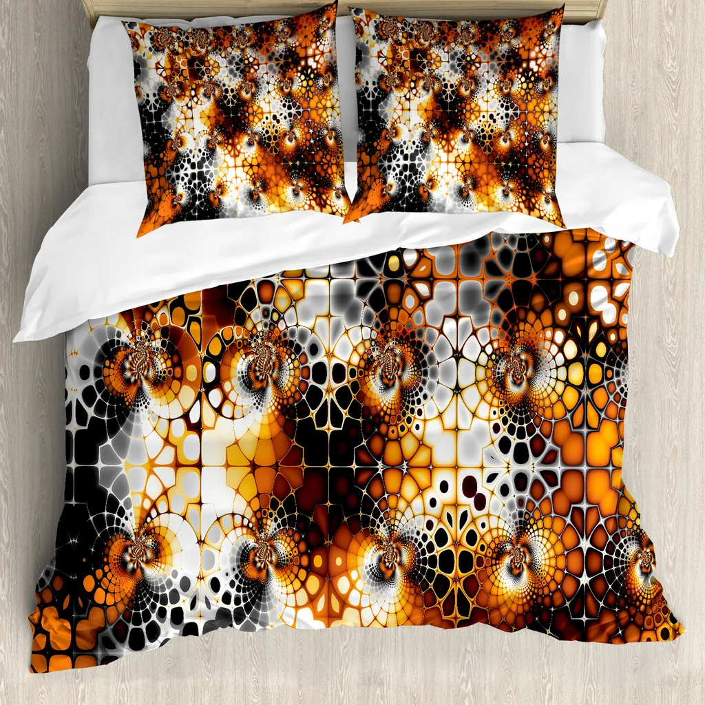 ABAKUHAUS Copripiumino arancione bruciato, mosaico vintage, antiacaro, adatto a chi soffre di allergie, con federe, 155 cm x 220 cm - 80 x 80 cm, nero arancione grigio