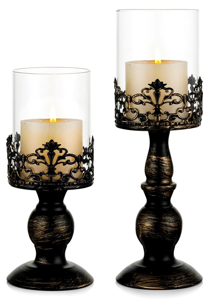 Kerzenständer Set Vintage Distressed Schwarz, 2 Stück, für Stumpenkerzen, Hochzeitsfeier, Wohnraumdekoration, Kaminmantel Dekoration, 27 cm & 33 cm