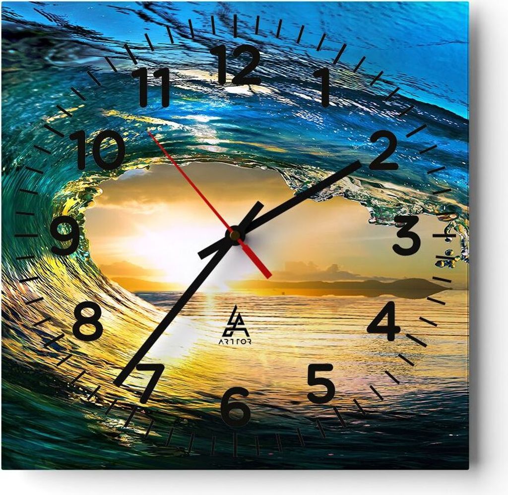 Wanduhr - Quadrat - Glasuhr - Ozean Welle Sonne Klima - 40x40cm - Schleichendes Uhrwerk - Lautlos - zum Aufhängen bereit - Dekoration Modern - Wan...