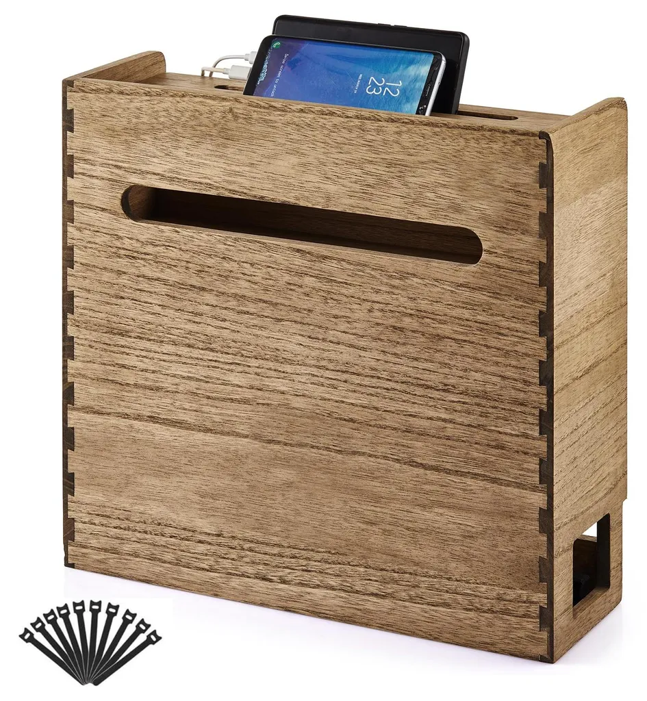 Organiseur de bureau pour câbles et routeur - Rangement bois 2 étages