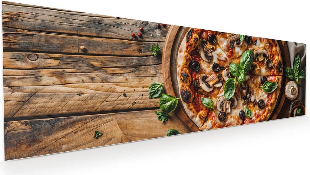 Glasbild 120x40cm in XXL für Wohnzimmer, Schlafzimmer Motiv Holztisch Pizza