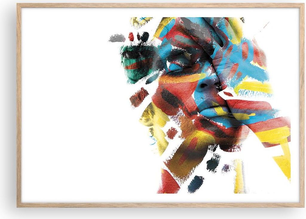 Gerahmtes Poster - Rahmen in heller Eiche - Gemalt Gesicht Modern - 100x70 cm - Wand Bild - Wanddeko - Wandbilder - Kunstposter - Wandposter - Bild...