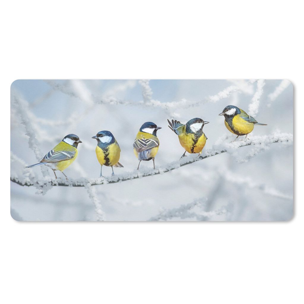 MuchoWow Mauspad Mousepad Vogel - Kohlmeise - Winter - Schnee - Zweige 60x30 cm - Mousepads - Maus Mat - Pad - Mausunterlage - Nachhaltig