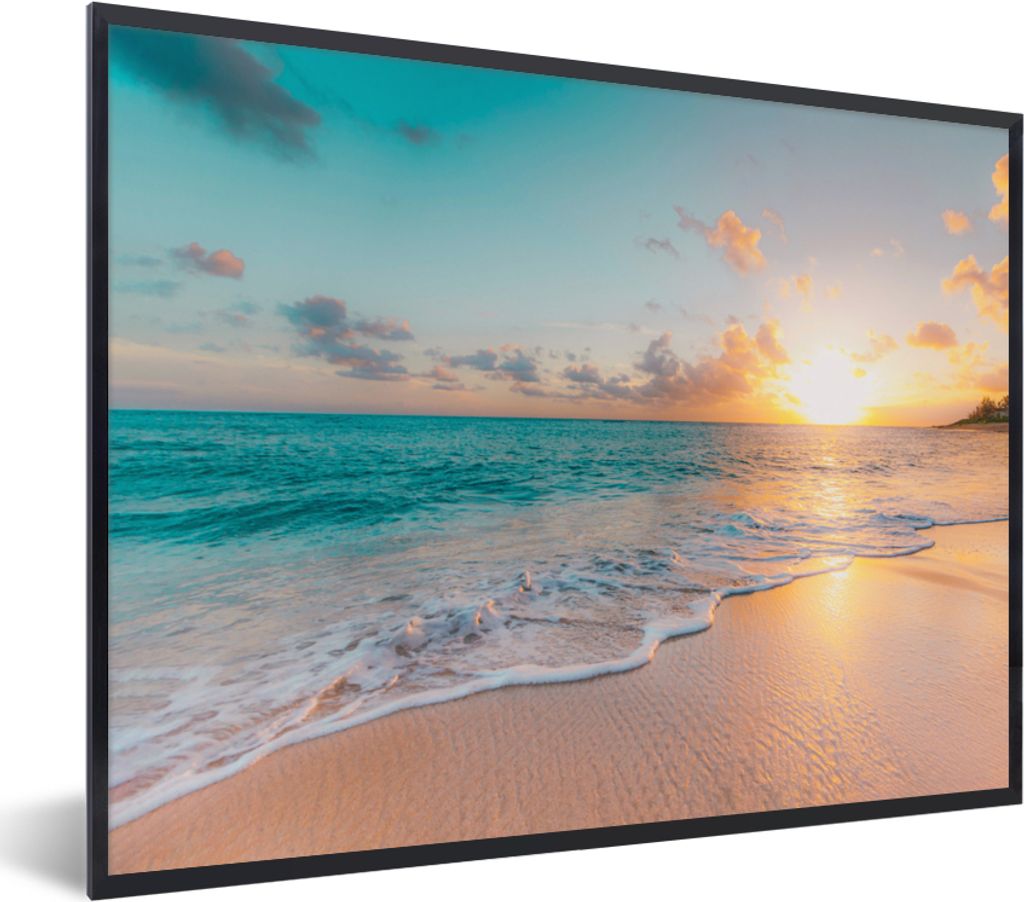 MuchoWow Gerahmtes Poster Sonnenuntergang - Strand - Meer - Sommer - Blau 80x60 cm - Poster mit Schwarzem Bilderrahmen Wandposter Rahmen Foto Bil...