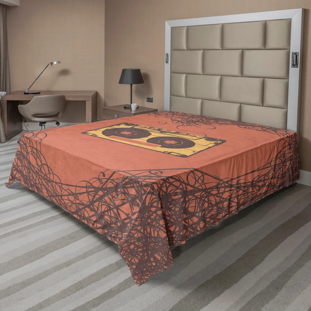 Drap plat décoratif vintage style musical rétro pour grand lit de 2 personnes