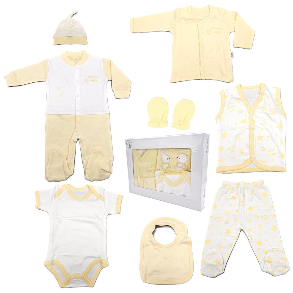 BLUE EYES Baby Geschenk Set 8-teilig, 100% Baumwolle, , Neugeborenen Erstausstattung 0–4 Monate, Stern-Gelb