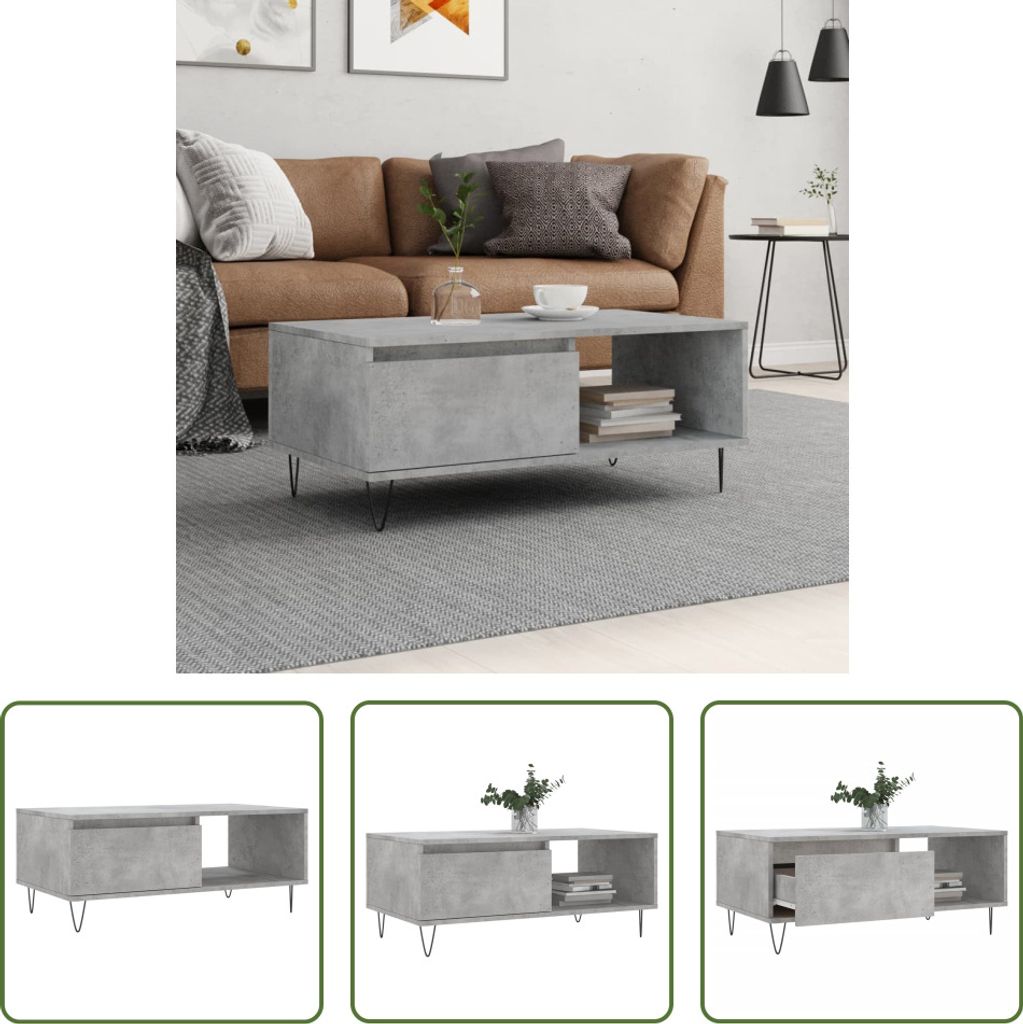 The Living Store Couchtisch Betongrau 90x50x36,5 cm Holzwerkstoff