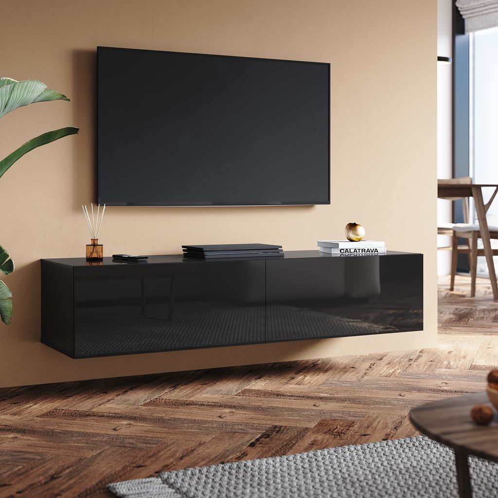 SONNI TV-Schränke Schwarz Hochglanz hängend holz 140 x 40 x 30cm Wandhängend, bodenstehend Niedriger Schrank
