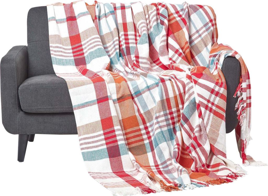 HOMESCAPES Tagesdecke Falun mit Tartanmuster und Fransen, rot, 255 x 360 cm