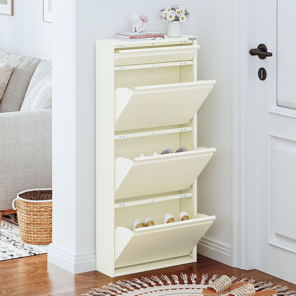 VEEHAUS Schuhregal Schmal Metall Schuhschrank Hoch Schuhkipper mit Magnetische Abdeckung Metall Montiert Schuhschrank Schmal und Wandmontage (Creme...