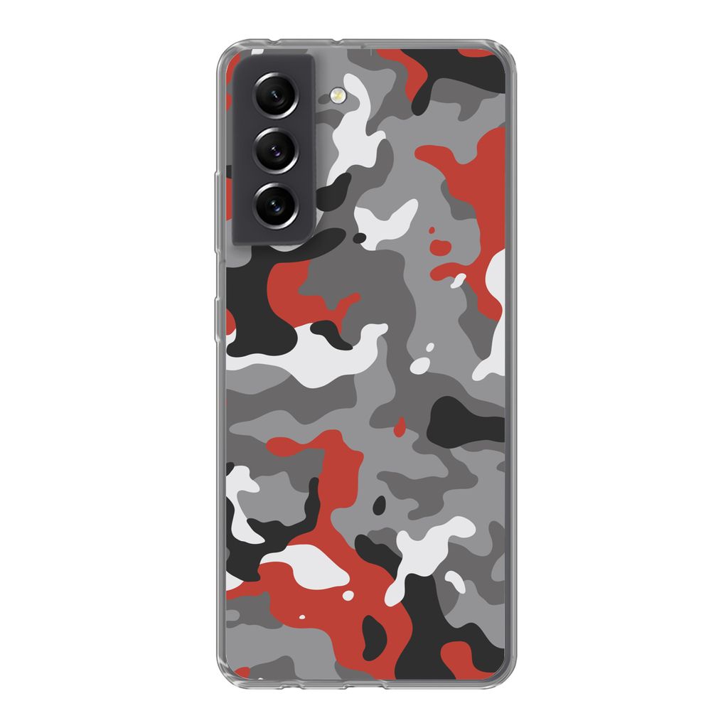 MuchoWow Handyhülle Schutzhülle Hülle für Samsung Galaxy S21 FE Camouflage-Muster mit roten Akzenten Silikon Softcase Handy Hülle - Mobiltel...