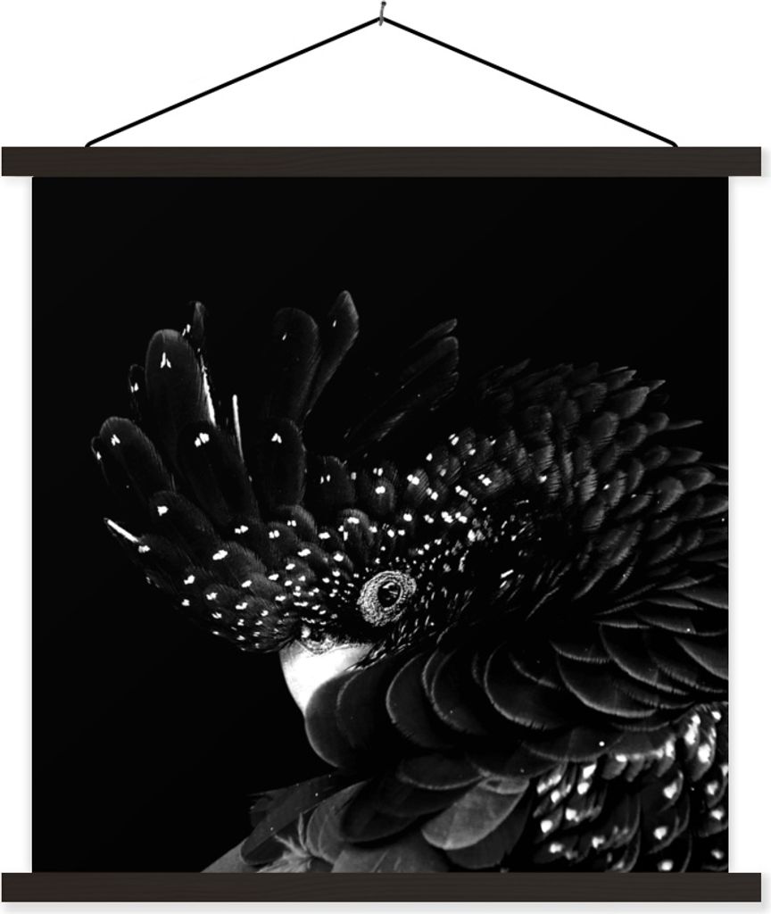 MuchoWow Textilposter Porträt eines Kakadus mit Krötenfedern - schwarz und weiß 90x90 cm mit schwarzem Rahmen - Magnetisches