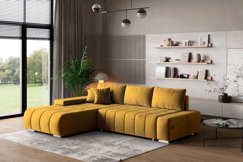 Masseno Ecksofa ALESE L-S mit Schlaffunktion L-Form, Sofa mit Bettkasten, Wohnzimmersofa, Couch, Soffa, Bettsofa, Couchgarnitur- Gelb, MONOLITH 48