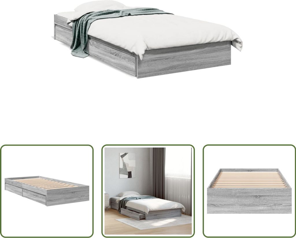The Living Store Bettgestell mit Schubladen Grau Sonoma 100x200 cm Holzwerkstoff