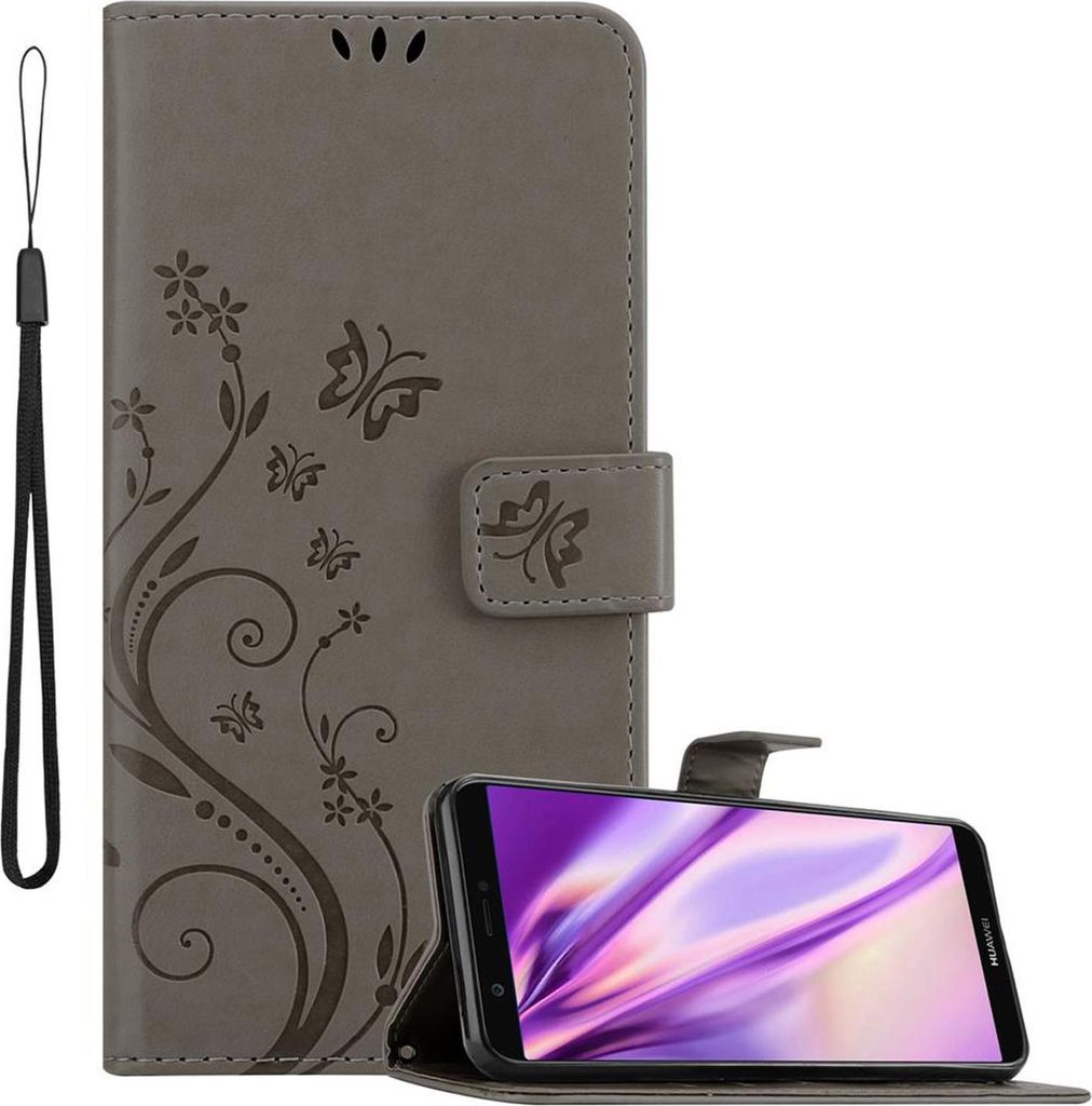 Cadorabo Hülle für Huawei P SMART 2018 / Enjoy 7S Schutz Hülle in Grau Schutzhülle Handy Hülle Etui Case Blumen Flower