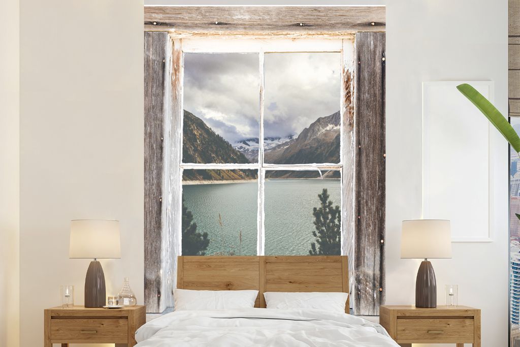 MuchoWow Fototapete für Wohnzimmer oder Schlafzimmer Wandtapete Vinyl Motivtapete Durchschaubar - Holz - Berge - 225x350 cm - Schlafzimmer tapete