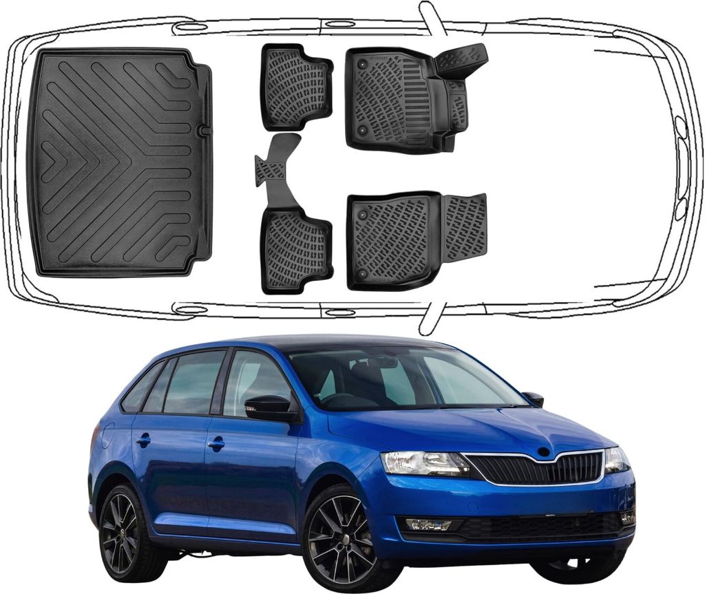 3D Fußmatten & Kofferraumwanne Auto Set Kompatibel mit Skoda Rapid Spaceback 2012 - 2019