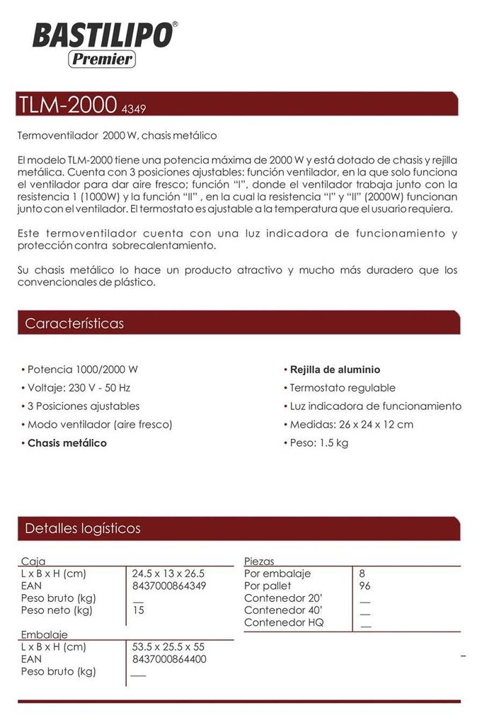 Bastilipo TLM-2000, Elektrische keramische verwarming met Productafbeelding 