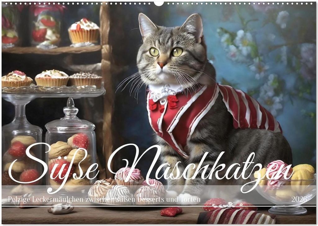 Süße Naschkatzen - Pelzige Leckermäulchen zwischen süßen Desserts und Torten (Wandkalender 2026 DIN A2 quer), CALVENDO Monatskalender