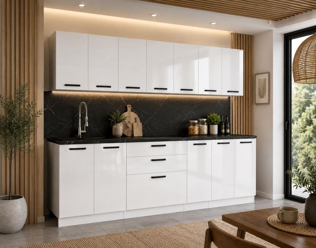ULWEHOME Küchenzeile 260 cm Weiß Hochglanz, Küchenmöbel-Set Produktbild  KI-generiertes Bild