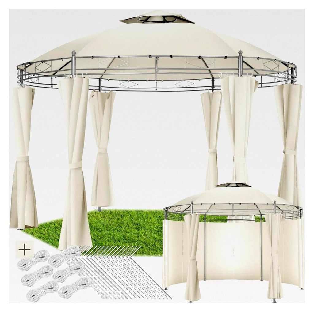 Runder Gartenpavillon Ø 3,5 m, wasserabweisend, inkl. Seitenteile und Befestigungsmaterial (Creme)