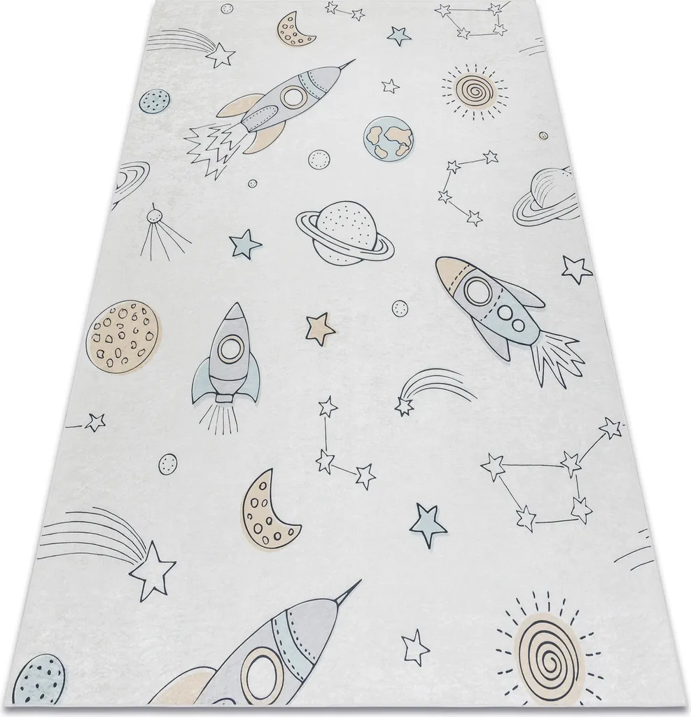 Tapis de chambre enfant univers et fusée antidérapant 80x150 cm beige