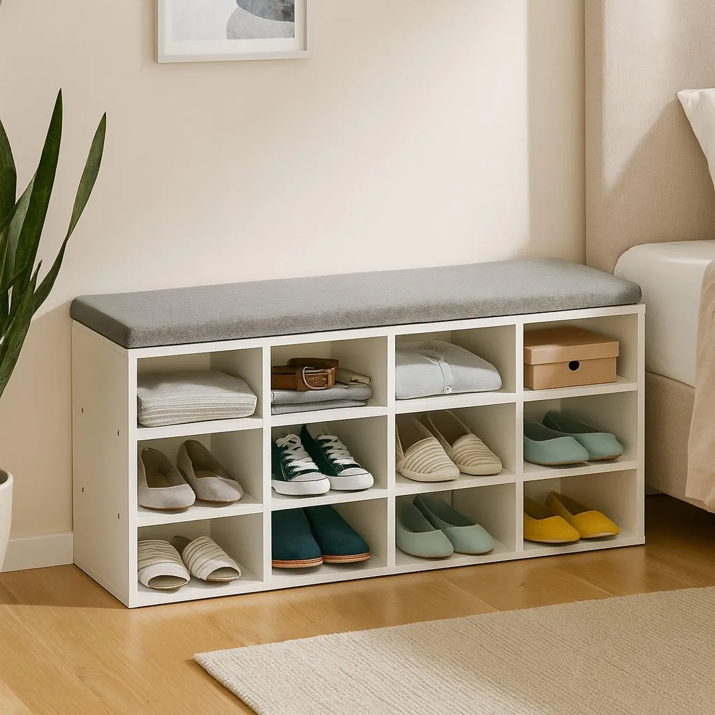 Banc à chaussures avec coussin gris et 10 compartiments de rangement - 2
