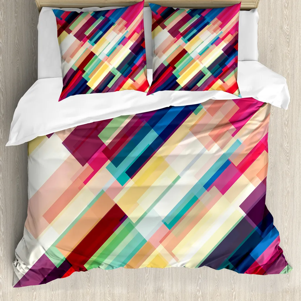 ABAKUHAUS Copripiumino astratto, linee geometriche colorate, antiacaro, adatto a chi soffre di allergie, con federe, 155 cm x 220 cm - 80 x 80 cm, multicolore
