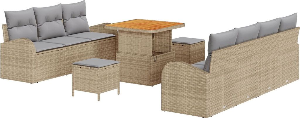 Möbel 10-teiliges Garten Sofa Set mit Kissen Beige Poly Rattan Akazie, 2-Sitzer Garten Sofa mit Stauraum & Kissen Beige Poly Rattan, 3-teiliges Ga...