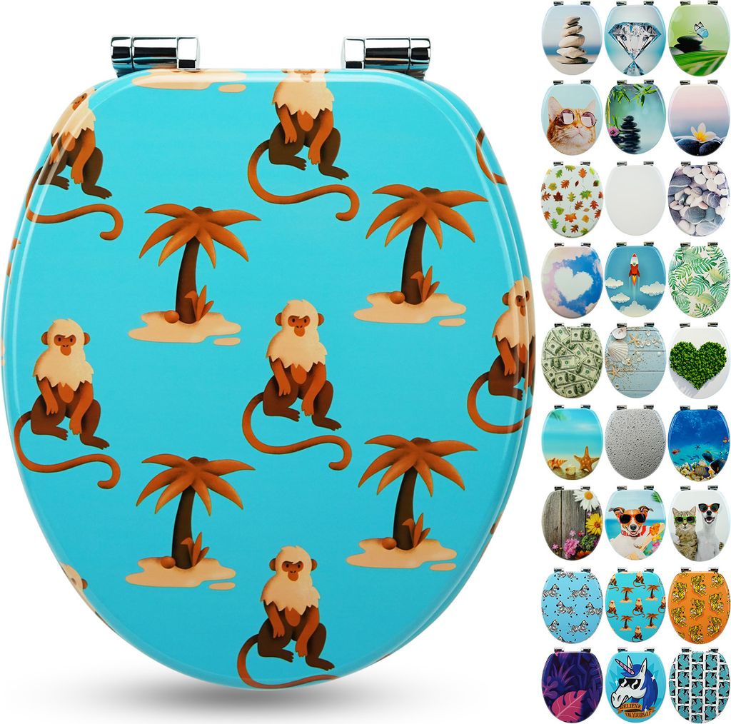 Sanfino Premium WC Sitz "Monkey Island" hochwertiger Toilettendeckel mit Absenkautomatik aus Holz, viele bunte Motive, einfache Montage