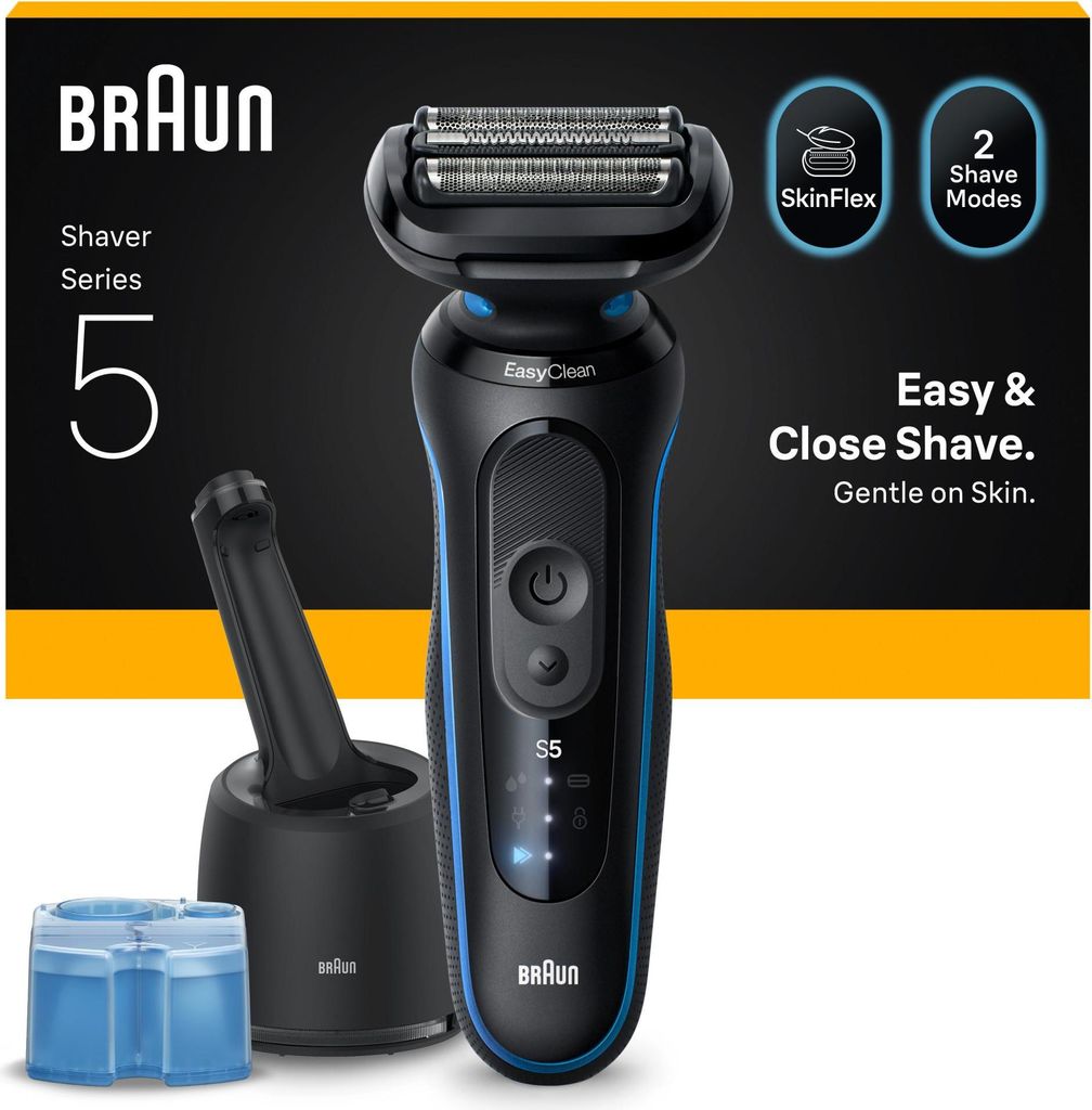 A product shot of a Braun Series 5 electric shaver with its accessories and marketing text.