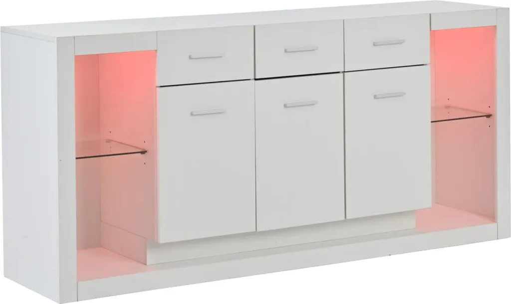 Buffet bas blanc brillant 160cm avec 14 compartiments et éclairage LED - 14