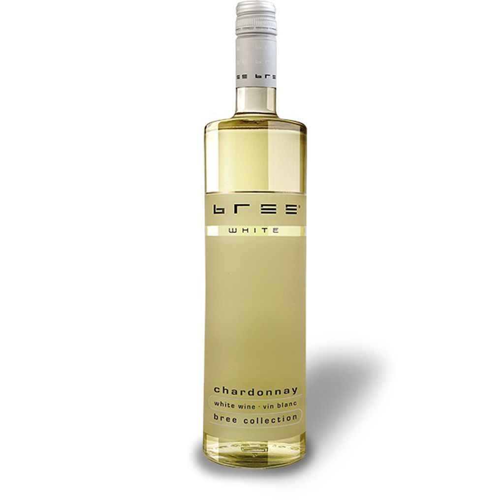 A bottle of Bree Chardonnay white wine against a white background.