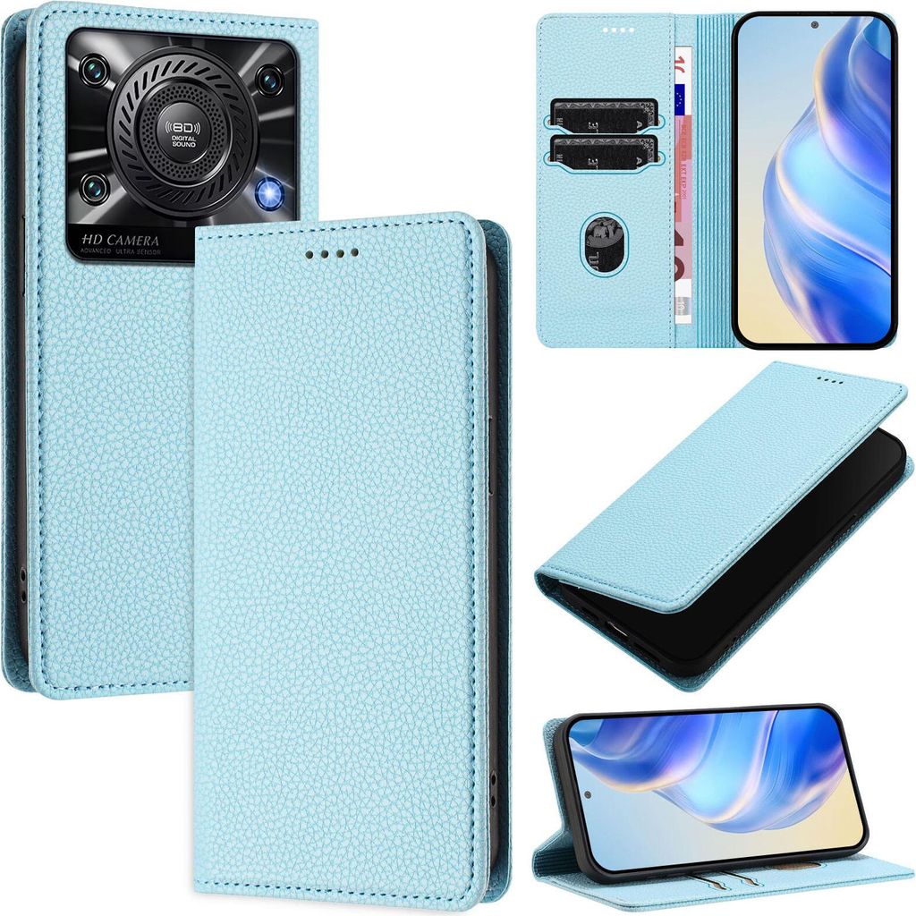 Litchi Leder Handyhülle für Oukitel C60 Wallet Kartenfächer Standfunktion Hülle Hellblau