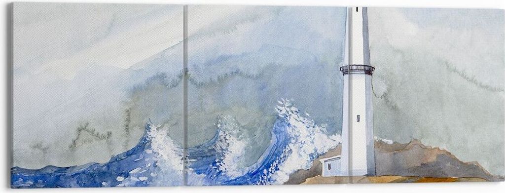 Bild auf Leinwand - Leinwandbild - Leuchtturm Wasser Illustration Welle - 150x50cm - Wand Bild - Wanddeko - Leinwanddruck - Bilder - Kunstdruck - L...
