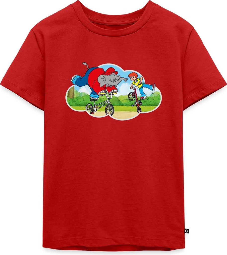 Spreadshirt Benjamin Blümchen Fährt BMX-Rad Mit Otto Kinder Premium T-Shirt, 122/128 (6 Jahre), Rot