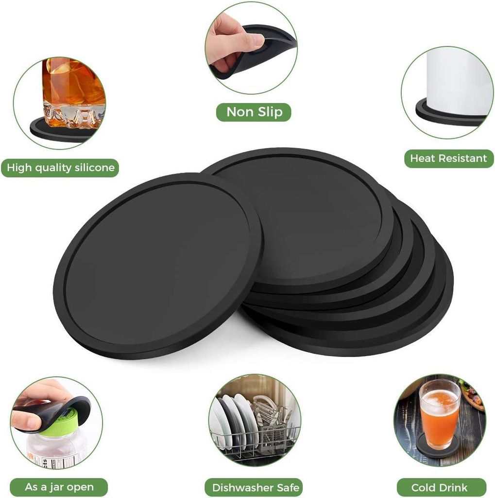 Schwarze Silikon-Untersetzer, 6er-Set für Glas, Trinkbecher, Kaffeetassen, Flaschen, Dosen, zum Schutz von Schreibtischen vor Feuchtigkeit und Hitze