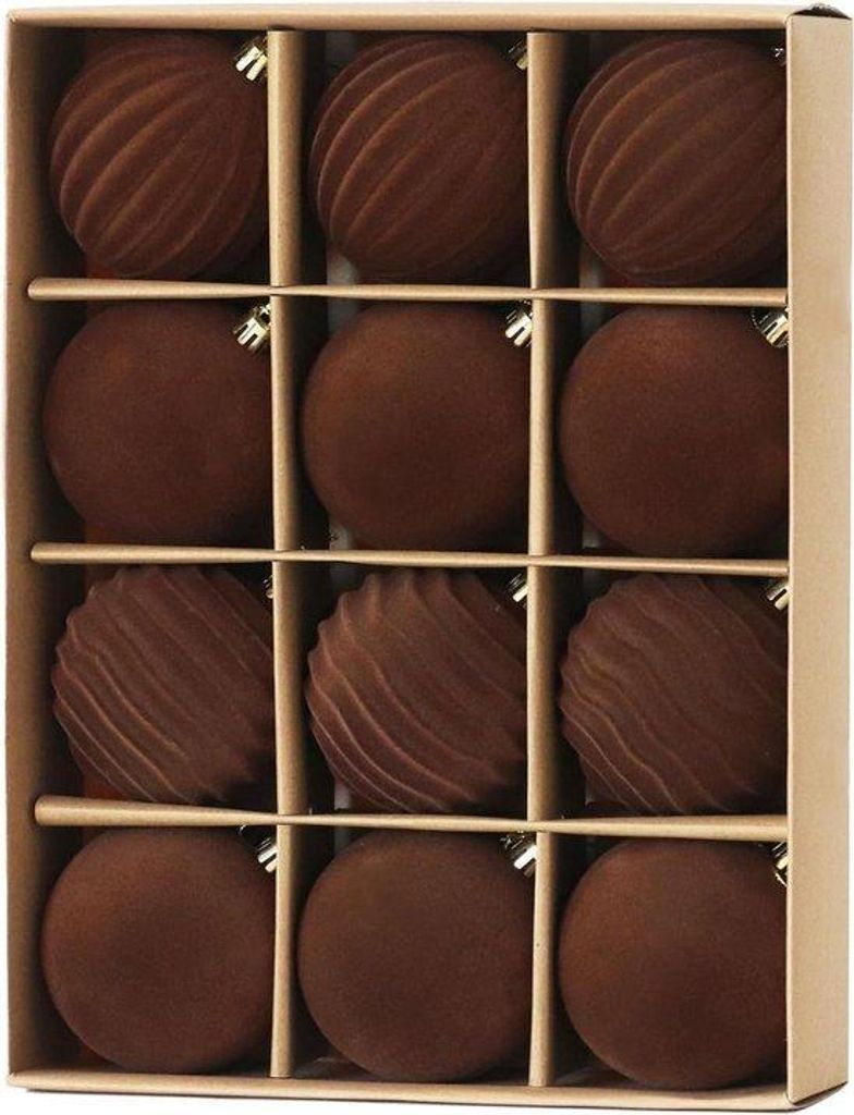 12 Stuks Luxe Gevlokte Bruine Kerstballen 8 cm