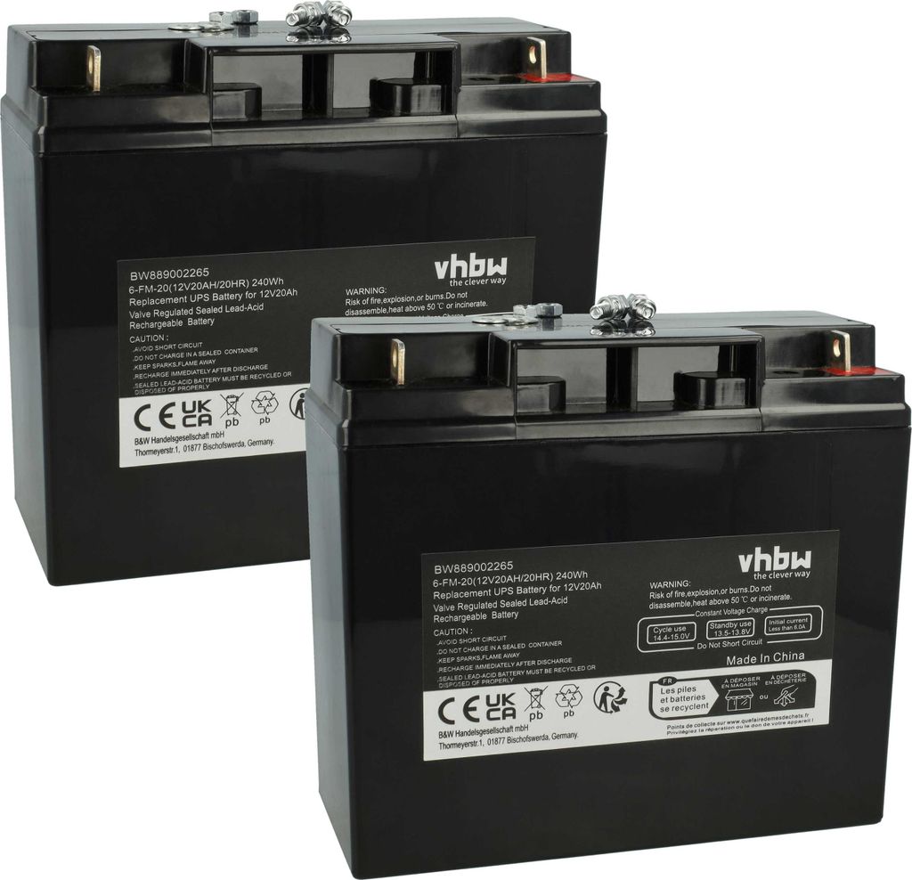 vhbw 2x Akku Ersatz für AGM10 für USV (20 Ah, 12 V, AGM)